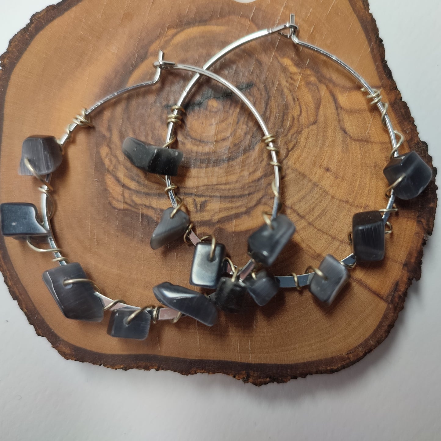 Stainless Steel earrings hoops (40mm) with black onyx chips