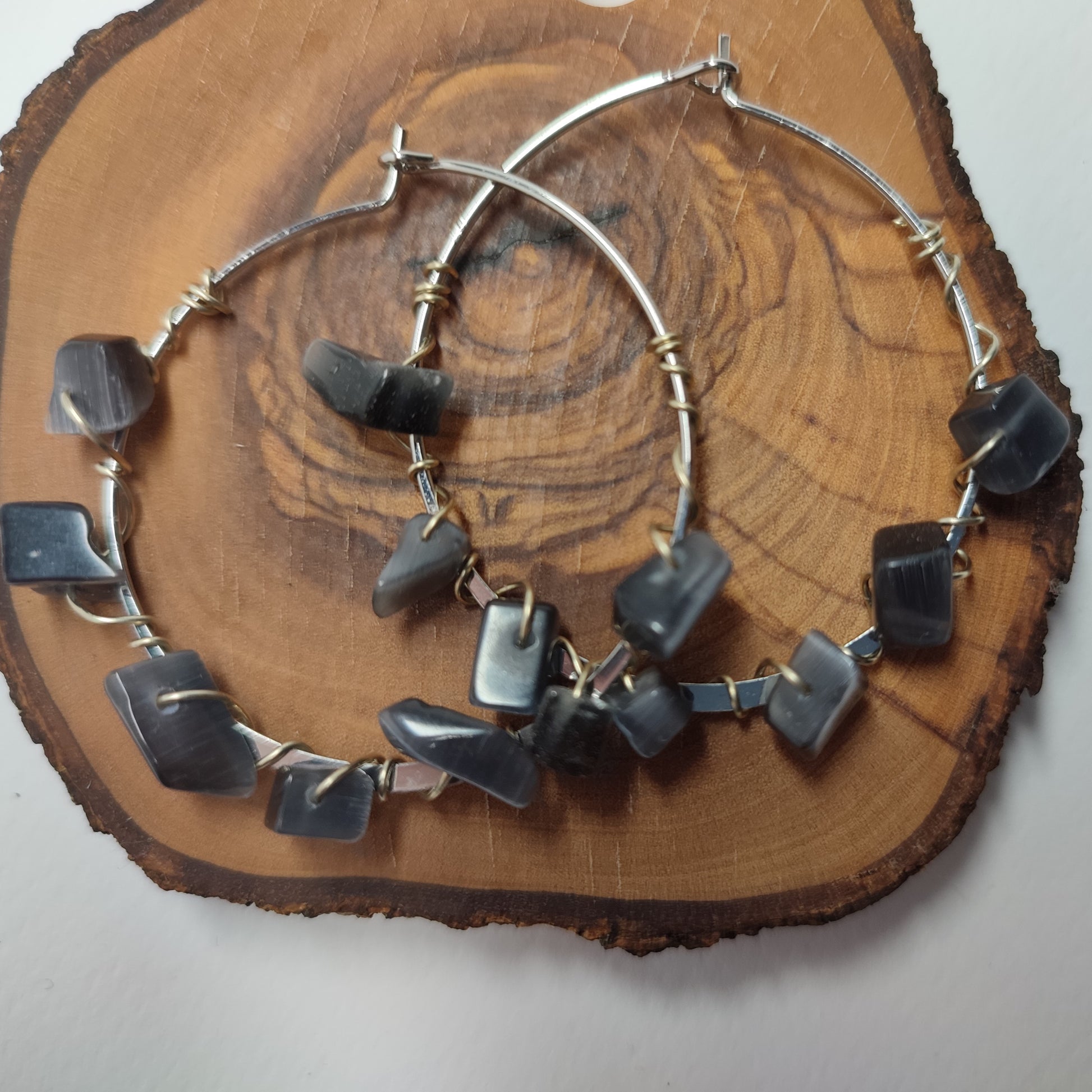 Stainless Steel earrings hoops (40mm) with black onyx chips