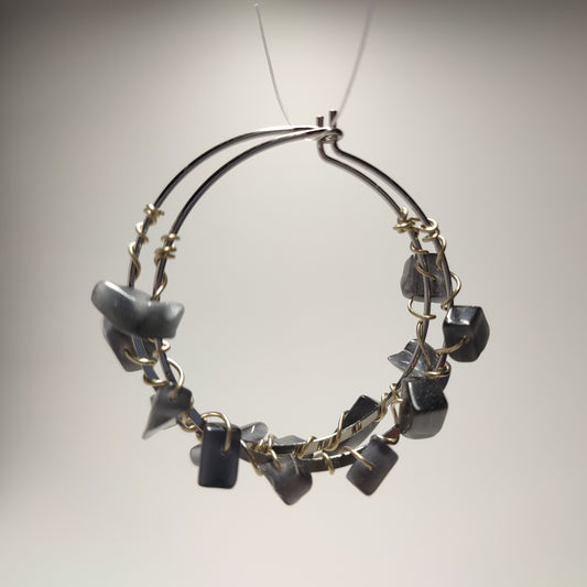 Stainless Steel earrings hoops (40mm) with black onyx chips