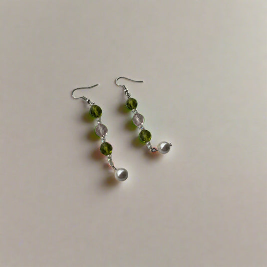 Long wire pearl earrings with green and pink colored beads